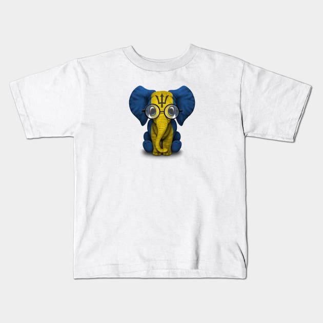 Baby Elephant with Glasses and Barbados Flag Kids T-Shirt by jeffbartels